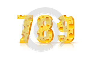 Cheese font 3d symbol, numbers 7 8 9 set. Vector