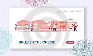 Cheese Food Production Factory Website Landing Page. Workers Make Dairy in Metal Tank, Ripening Manufacturing