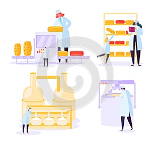 Cheese Food Production Industry Collection. Commercial Character Making Dairy Machinery Pasteurization Process photo