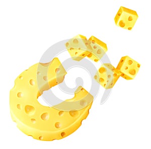 Cheese in the form of a magnet attracts pieces of cheese on a white isolated background