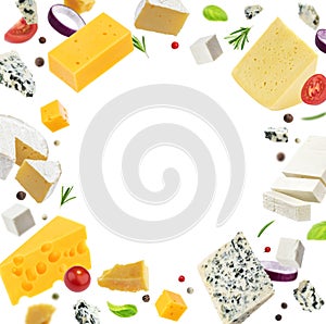 Cheese frame isolated on white background, different types of cheese