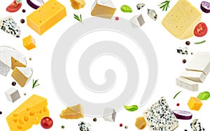 Cheese frame isolated on white background, different types of cheese