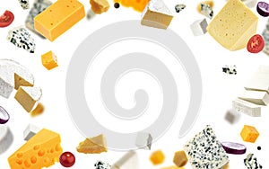 Cheese frame isolated on white background, different types of cheese