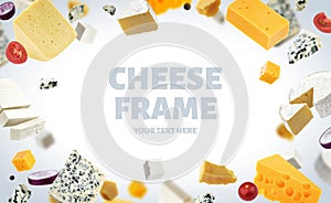 Cheese frame isolated on white background, different types of cheese