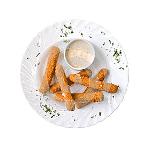 Cheese fried and sauce on a white plate. isolated on white background. Top view