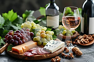 Cheese and fruit platter and rose wine on a table. Red and white grape, figs, assorted organic cheese, salami and