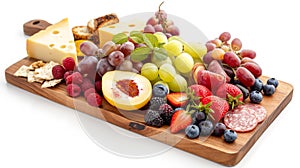 Cheese and fruit platter with a variety of cheeses, meats, and berries on a wooden board