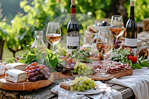 Cheese and fruits assortment on cutting board with white wine. Romantic picnic with wineglasses, delicious food, healthy fruits: