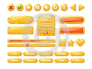 Cheese game ui buttons, cartoon menu interface