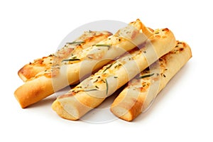 Cheese And Garlic Breadsticks On A White Background. Generative AI