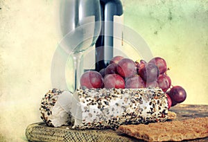Cheese, grape and wine - retro style