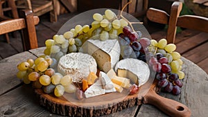 Cheese and Grapes Displayed on a Rustic Board