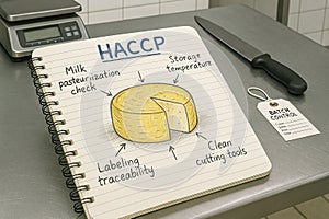 Cheese HACCP control plan visualized in a spiral notebook with arrows indicating traceability, storage temperature photo