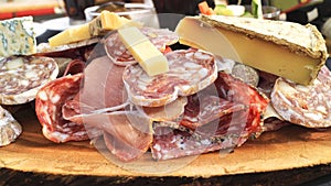 Cheese, ham, cured meat, fatty sausage, salami plate