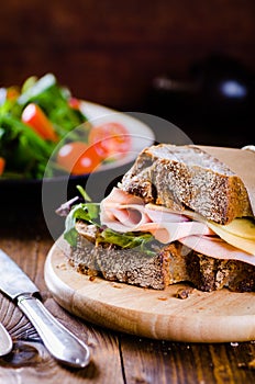 Cheese and ham sandwich of fresh organic bread