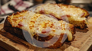 A cheese and ham sandwich on a wooden cutting board