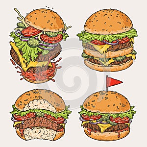 Cheese hamburger set labels colorful