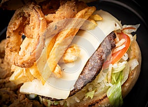 Cheese hamburgers sandwich with fried potatoes with black background, nice