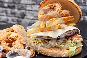 Cheese hamburgers sandwich with fried potatoes with black background, nice