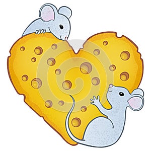 On a cheese heart, two cute mice look at each other.