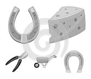 Cheese with holes, a trolley for agricultural work, a horseshoe made of metal, a pruner for cutting trees, shrubs. Farm