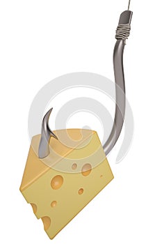 Cheese on hook 3D illustration.