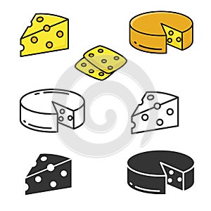 Cheese icons collection with different style; black and white, lineal color, lineal