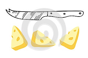 Cheese knife and pieces of cheese isolated sketch on white background. Stainless steel kitchen knife for cheese. Special