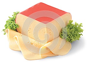 Cheese with lettuce on a white background.Cheese with lettuce on a white background