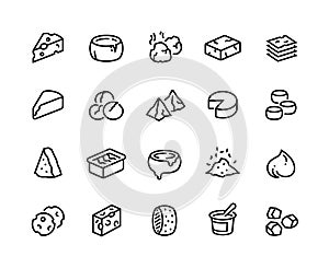 Cheese line icons. Sour dairy products, mozzarella parmesan ricotta cheddar and blue cheese. Vector outline set of brie