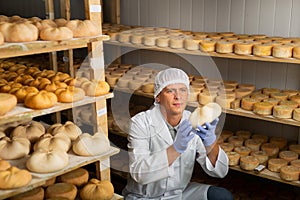 Cheese maker controlling maturing process of cheese wheels