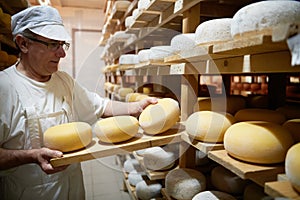 Cheese maker at the storage with shelves full of cow and goat cheese