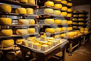 cheese maturing in a commercial cheese cellar
