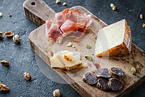 Cheese and meat platter. Spanish ham jamon serrano or Italian prosciutto crudo, sliced Italian hard cheese pecorino toscano