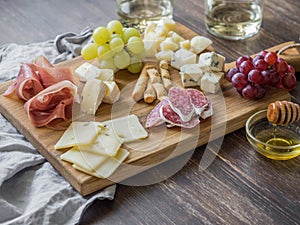 Cheese and meat wine snack set on wood board . Variety of cheese, salami, prosciutto, bread sticks, honey, grapes and two glasses