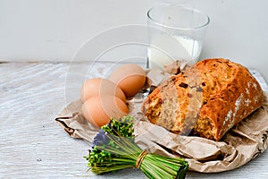 Cheese, milk, bread and eggs