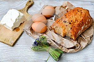 Cheese, milk, bread and eggs