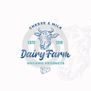 Cheese and Milk Dairy Farm. Abstract Vector Sign, Symbol or Logo Template. Hand Drawn Cow Face or Head and Cheese