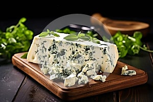 Cheese with mold and herbs on wooden board. Camembert and dorblu on wooden background. Dairy products
