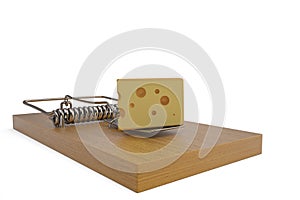 Cheese on mousetrap. 3D illustration.