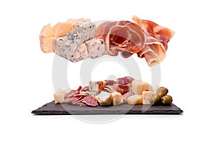 Cheese, olives, salami, jamon isolated on a white backgrund
