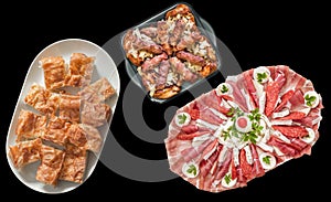 Cheese Pie and Appetizer Dish Served with Grilled Bacon Wrapped Mix Meat Kebabs and Chicken Thighs Isolated on Black Background