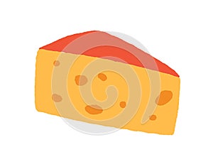 Cheese piece with holes. Swiss snack, dairy product. Triangle part of porous Holland Edam chees. Colored flat vector