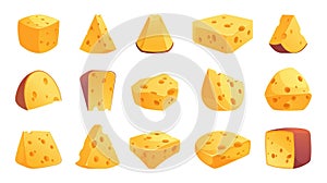 Cheese pieces. Cartoon cheddar blocks, organic parmesan cubes and triangles, dairy eco farm product cutoff pieces