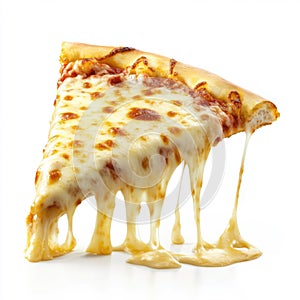 Cheese pizza slice with melting cheese strings on white background
