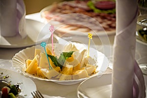 Cheese plate with cheeses Dorblu, Parmesan, Brie, Camembert and Roquefort in serving on the table from an old tree close-up