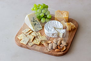 Cheese plate with cracker, almonds and grapes. Wine appetizer. Wine snack