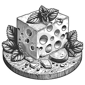 Cheese plate engraving sketch raster illustration