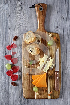 Cheese plate: Gouda cheese, green grapes and red autumn leaves