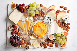 Cheese plate with grapes and nuts. Selective focus.